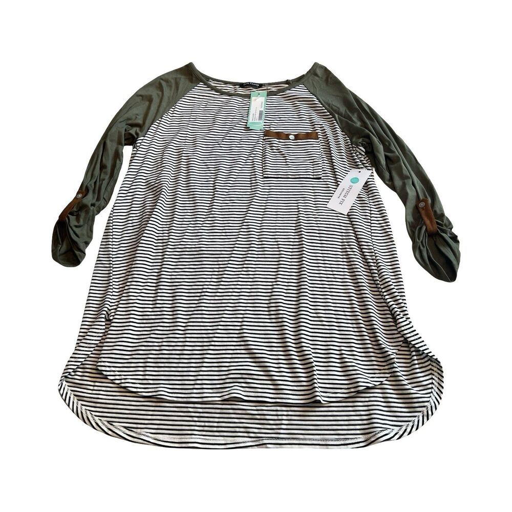 Pink Clover Madelene Roll Tab Knit Top Olive Striped Stitch Fix Exclusive Large